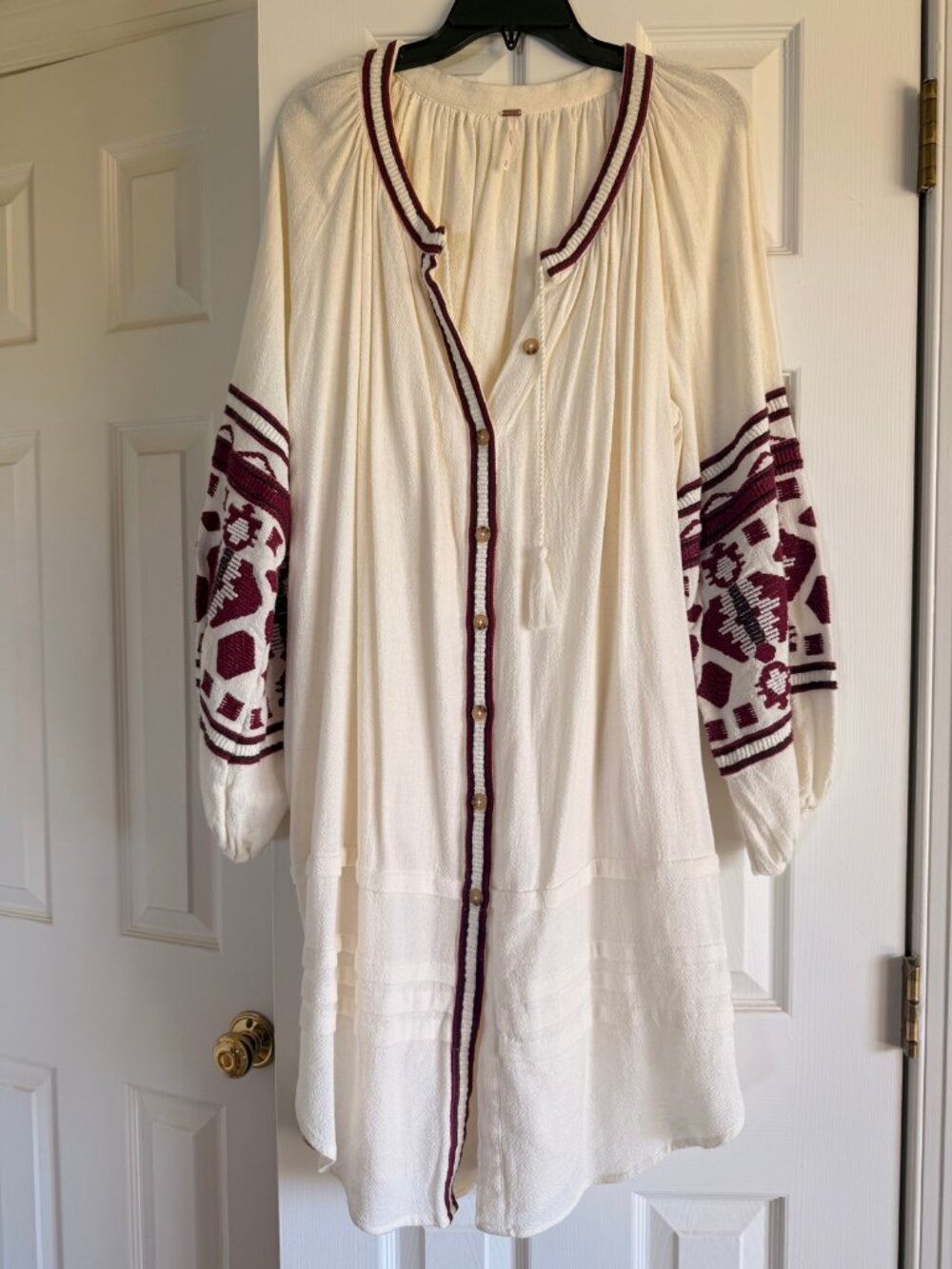 Free People Ivory Embroidered Tassel Tunic, Size S